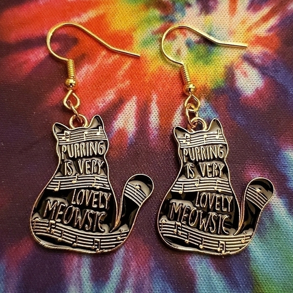 BLACK Cat Music Note Earrings - Picture 1 of 6